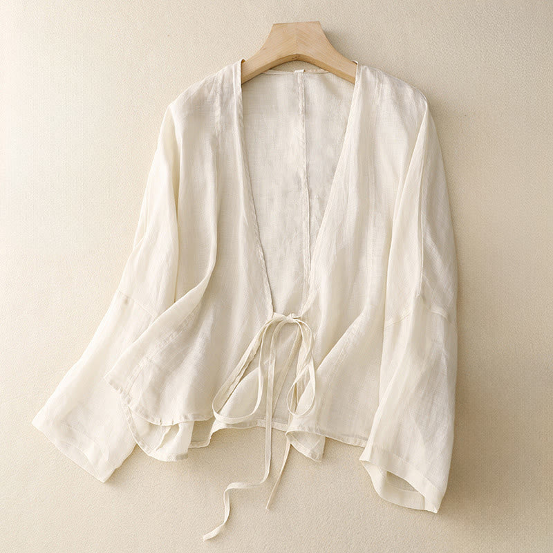 Buddha Stones Kimono de verano liso de manga larga con cordones y parte delantera abierta para mujer - Lino - US12，UK/AU16，EU44 (XL) - image 6