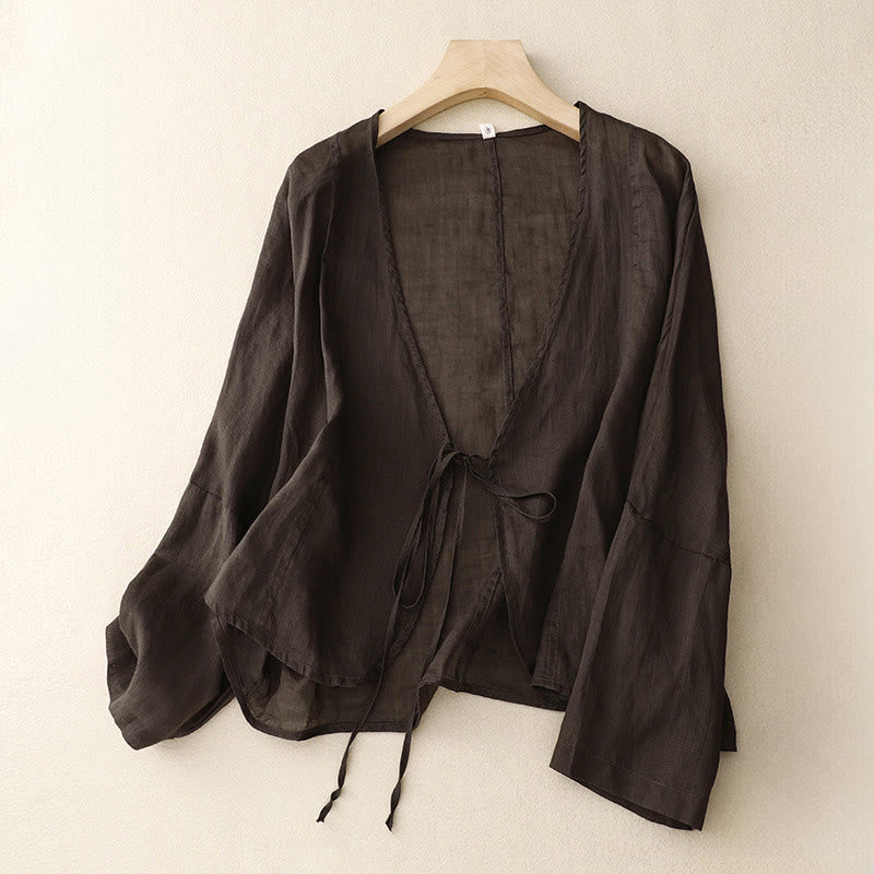 Buddha Stones Kimono de verano liso de manga larga con cordones y parte delantera abierta para mujer - SaddleBrown - US12，UK/AU16，EU44 (XL) - image 12