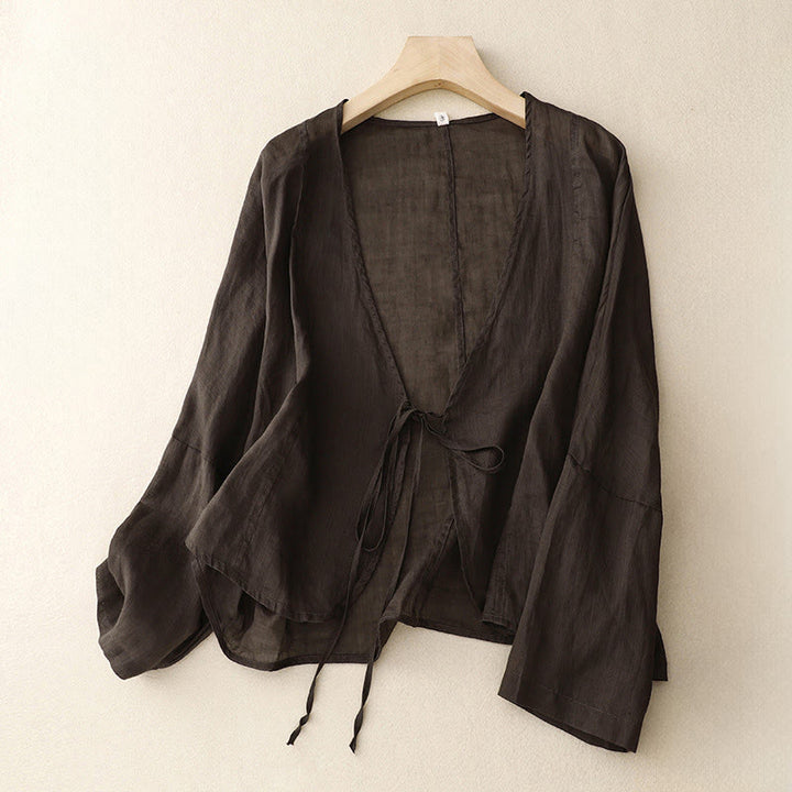 Buddha Stones Kimono de verano liso de manga larga con cordones y parte delantera abierta para mujer - SaddleBrown - US12，UK/AU16，EU44 (XL) - image 12