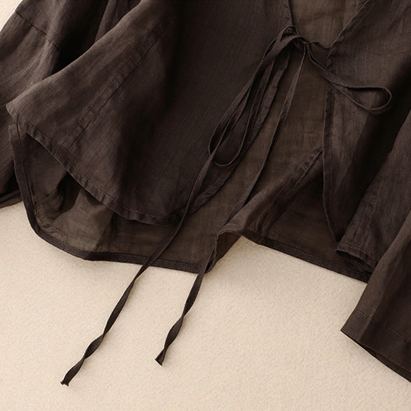 Buddha Stones Kimono de verano liso de manga larga con cordones y parte delantera abierta para mujer - image 15