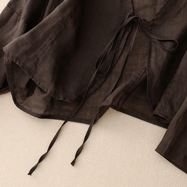 Buddha Stones Kimono de verano liso de manga larga con cordones y parte delantera abierta para mujer - image 15