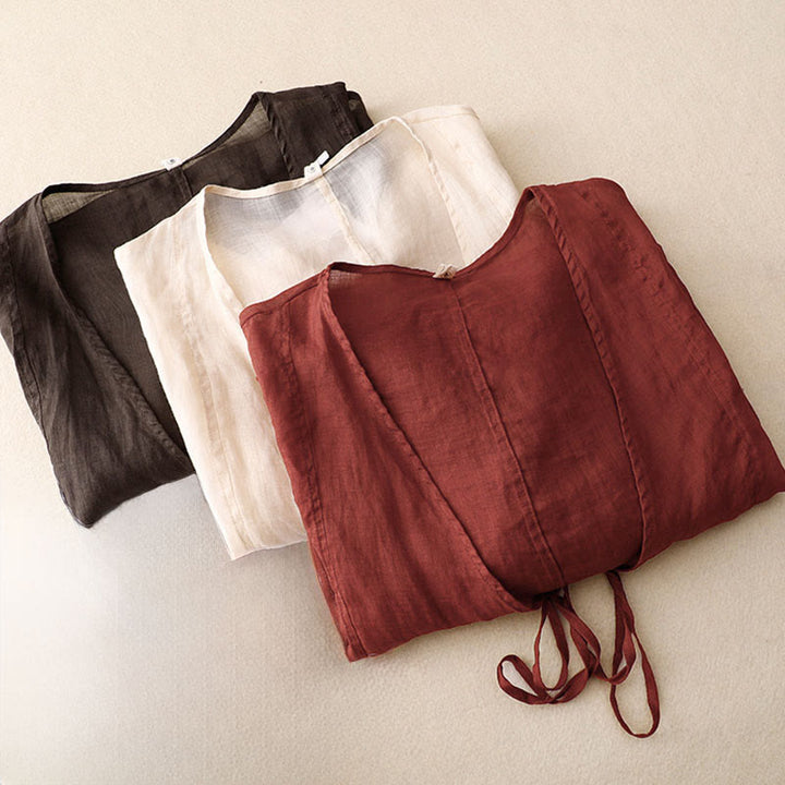 Buddha Stones Kimono de verano liso de manga larga con cordones y parte delantera abierta para mujer - image 18