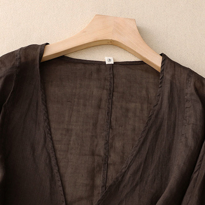 Buddha Stones Kimono de verano liso de manga larga con cordones y parte delantera abierta para mujer - image 13