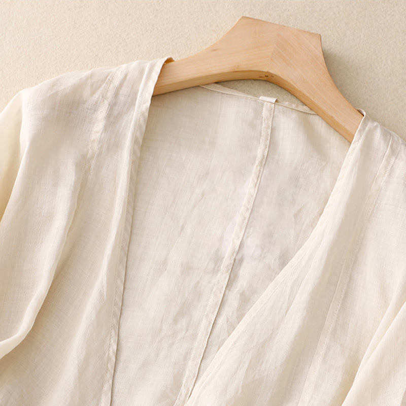 Buddha Stones Kimono de verano liso de manga larga con cordones y parte delantera abierta para mujer - image 7