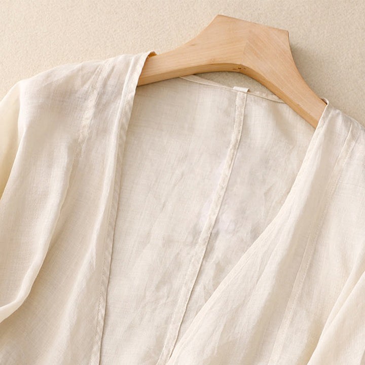 Buddha Stones Kimono de verano liso de manga larga con cordones y parte delantera abierta para mujer - image 7