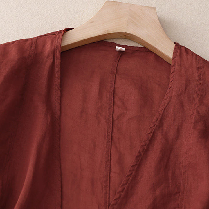 Buddha Stones Kimono de verano liso de manga larga con cordones y parte delantera abierta para mujer - image 1