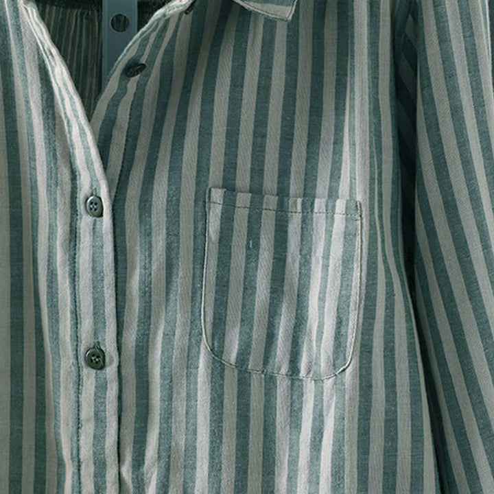 Buddha Stones Camisa de algodón con botones y bolsillo decorativo de manga larga con rayas verticales de primavera para mujer - image 6
