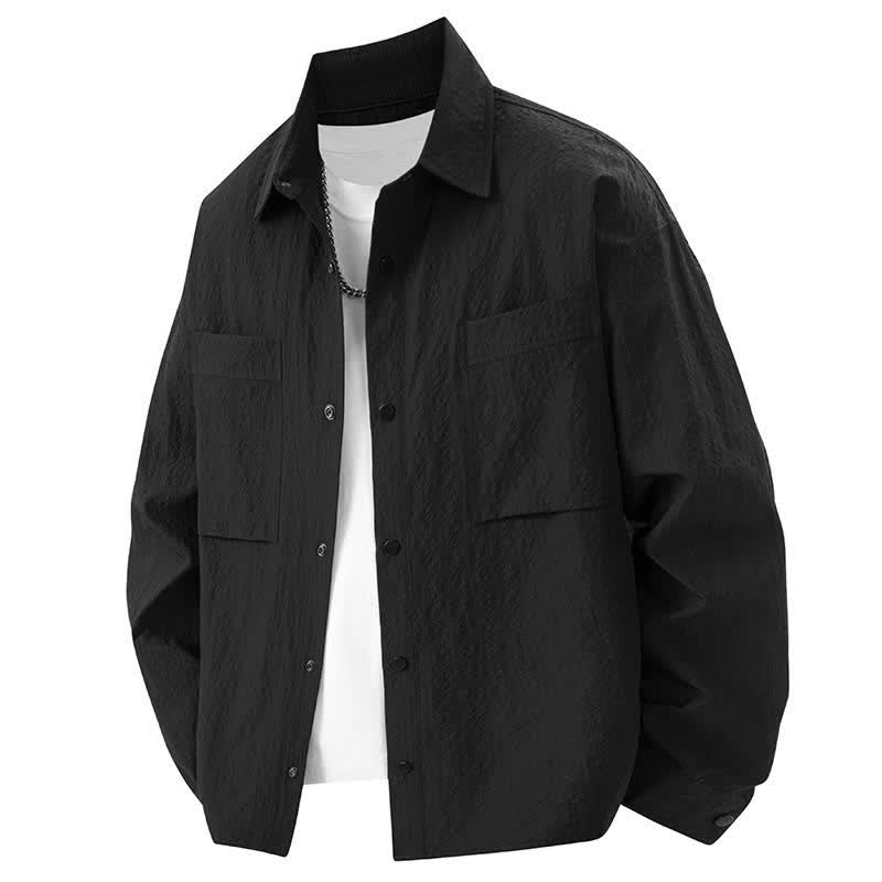 Buddha Stones Camisas de manga larga con solapa y botones para hombre, de color liso, texturizadas y con bolsillo, para primavera - Negro - US/UK/AU46, UE56 (3XL) - image 1