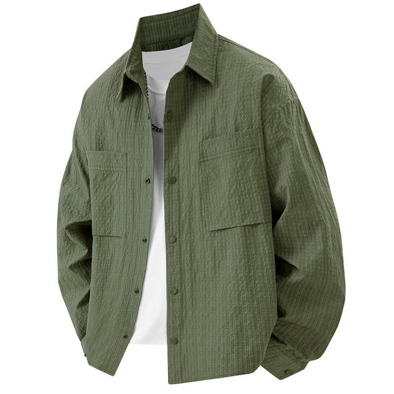 Buddha Stones Camisas de manga larga con solapa y botones para hombre, de color liso, texturizadas y con bolsillo, para primavera - Verde oliva - US/UK/AU46, UE 56 (3XL) - image 10