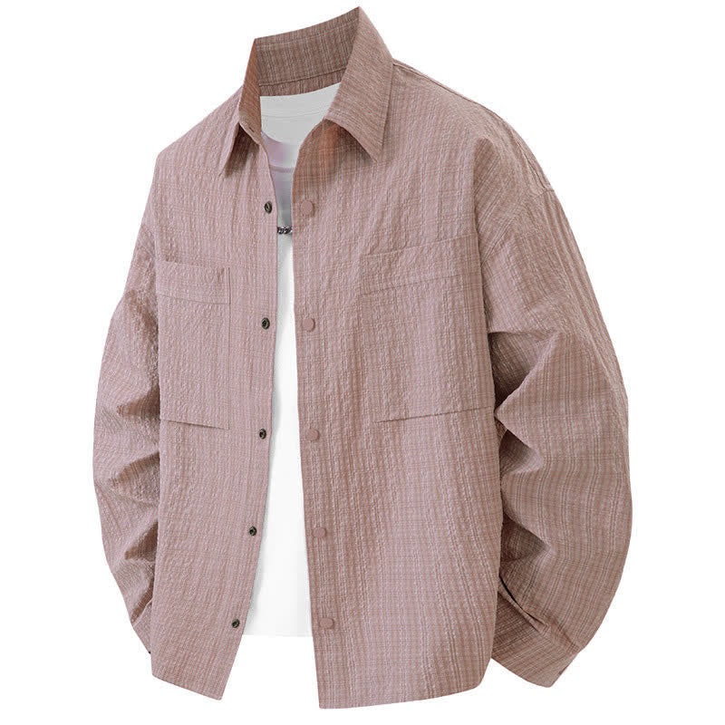 Buddha Stones Camisas de manga larga con solapa y botones para hombre, de color liso, texturizadas y con bolsillo, para primavera - rosa claro - US/UK/AU46, UE 56 (3XL) - image 0
