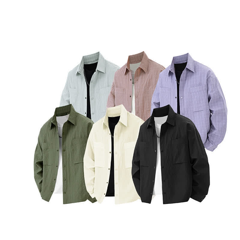 Buddha Stones Camisas de manga larga con solapa y botones para hombre, de color liso, texturizadas y con bolsillo, para primavera - image 13