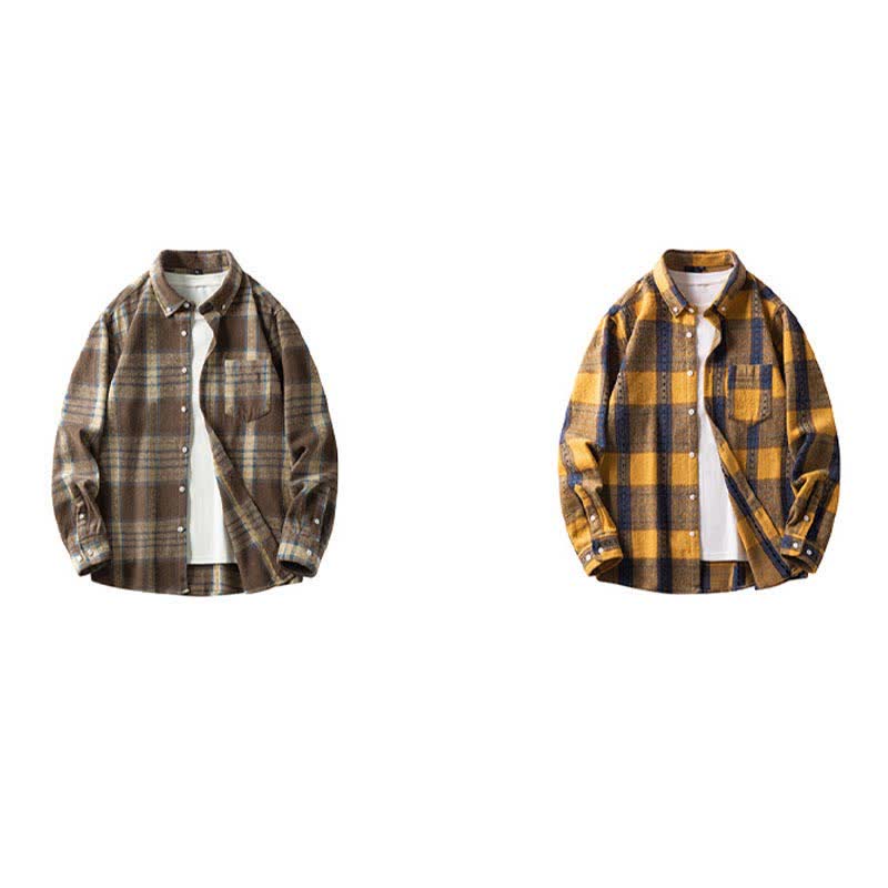 Buddha Stones Camisas de manga larga de algodón para hombre con botones a cuadros multicolor y bolsillo Commute - image 23