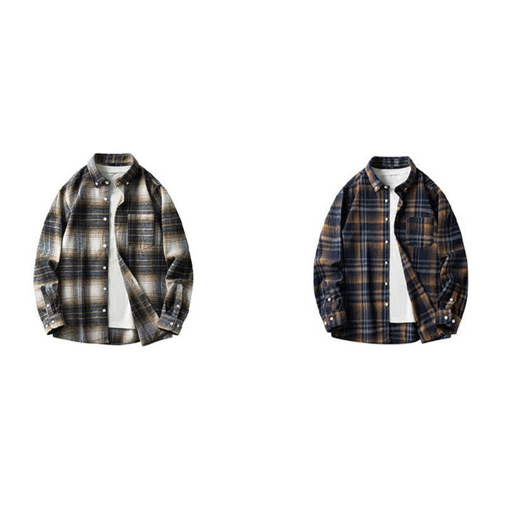 Buddha Stones Camisas de manga larga de algodón para hombre con botones a cuadros multicolor y bolsillo Commute - image 24