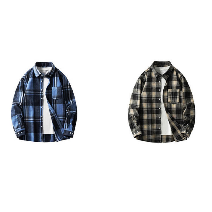 Buddha Stones Camisas de manga larga de algodón para hombre con botones a cuadros multicolor y bolsillo Commute - image 22