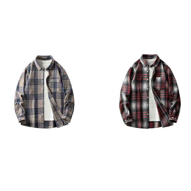 Buddha Stones Camisas de manga larga de algodón para hombre con botones a cuadros multicolor y bolsillo Commute - image 25
