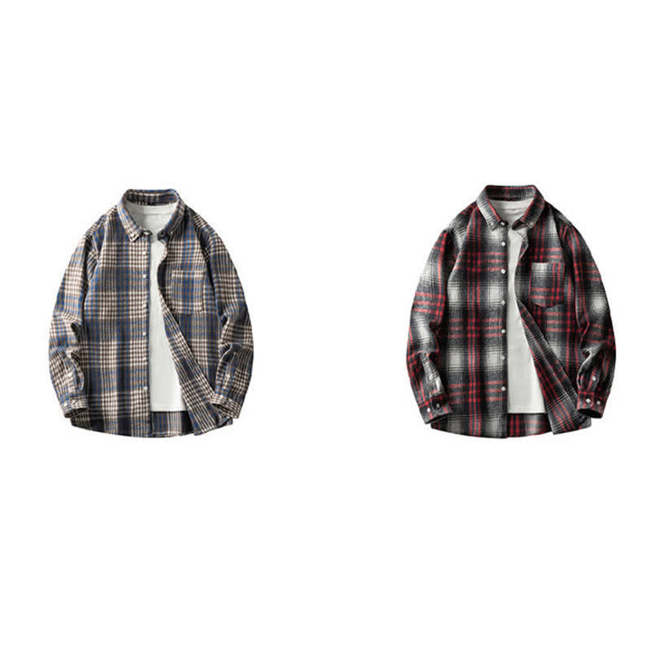 Buddha Stones Camisas de manga larga de algodón para hombre con botones a cuadros multicolor y bolsillo Commute - image 25