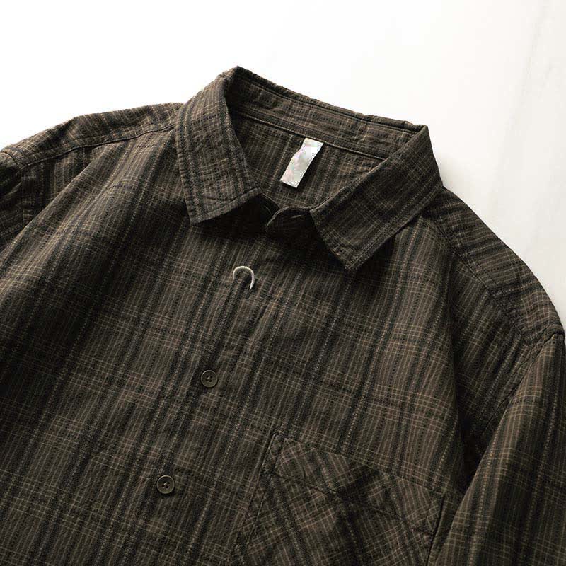 Buddha Stones Camisas de manga larga de algodón para hombre con estampado de cuadros bordados y bolsillo para el viaje de otoño - image 4