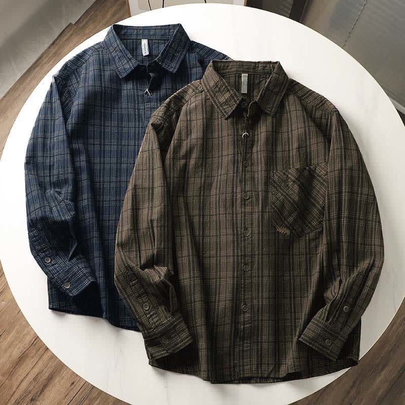 Buddha Stones Camisas de manga larga de algodón para hombre con estampado de cuadros bordados y bolsillo para el viaje de otoño - image 0