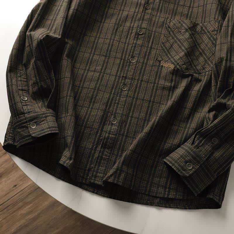 Buddha Stones Camisas de manga larga de algodón para hombre con estampado de cuadros bordados y bolsillo para el viaje de otoño - image 9