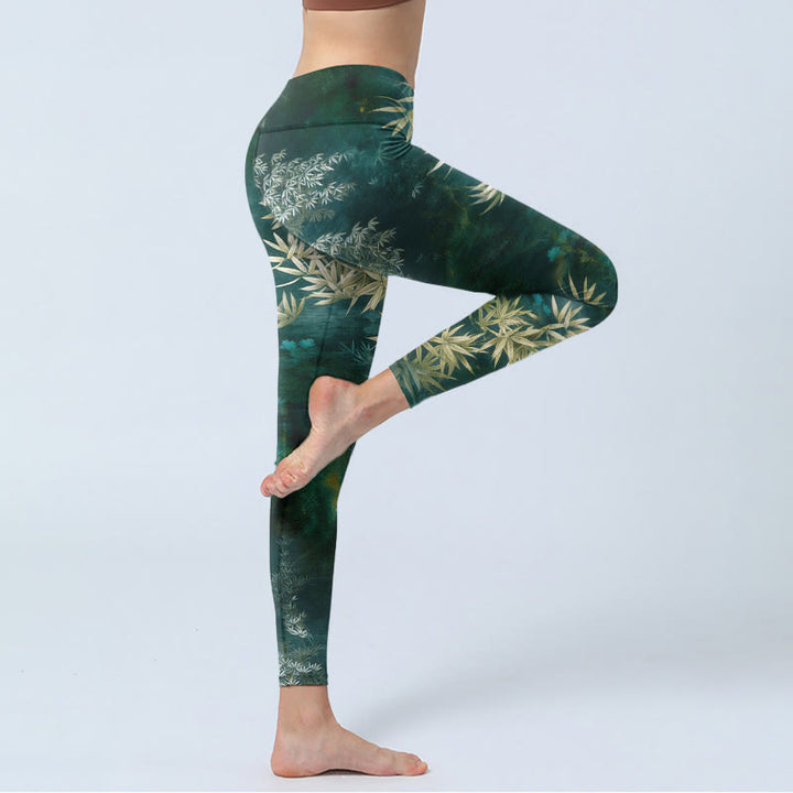 Buddha Stones Leggings de yoga para mujer con estampado de hojas de bambú - image 3