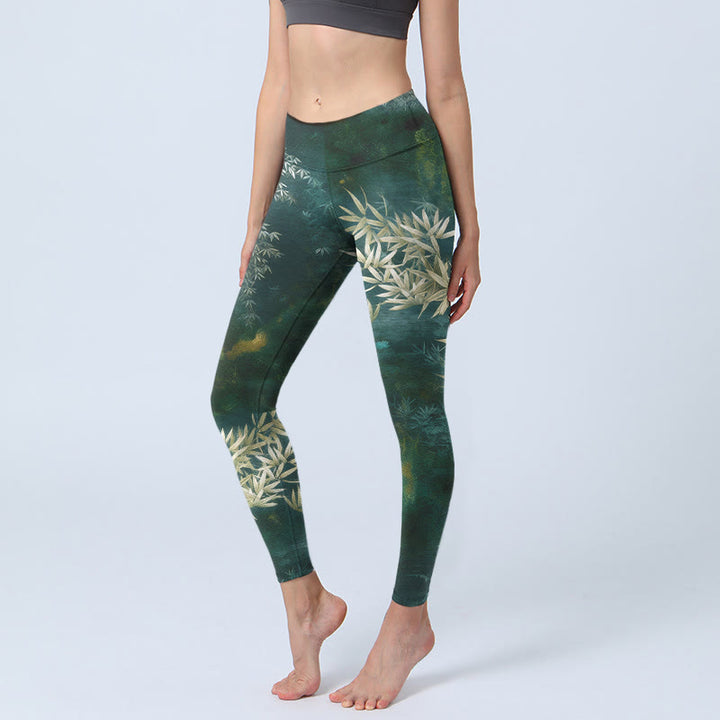 Buddha Stones Leggings de yoga para mujer con estampado de hojas de bambú - Verde oscuro - US18，UK/AU22，EU50 (4XL) - image 0