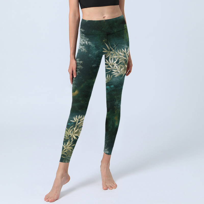 Buddha Stones Leggings de yoga para mujer con estampado de hojas de bambú - image 5