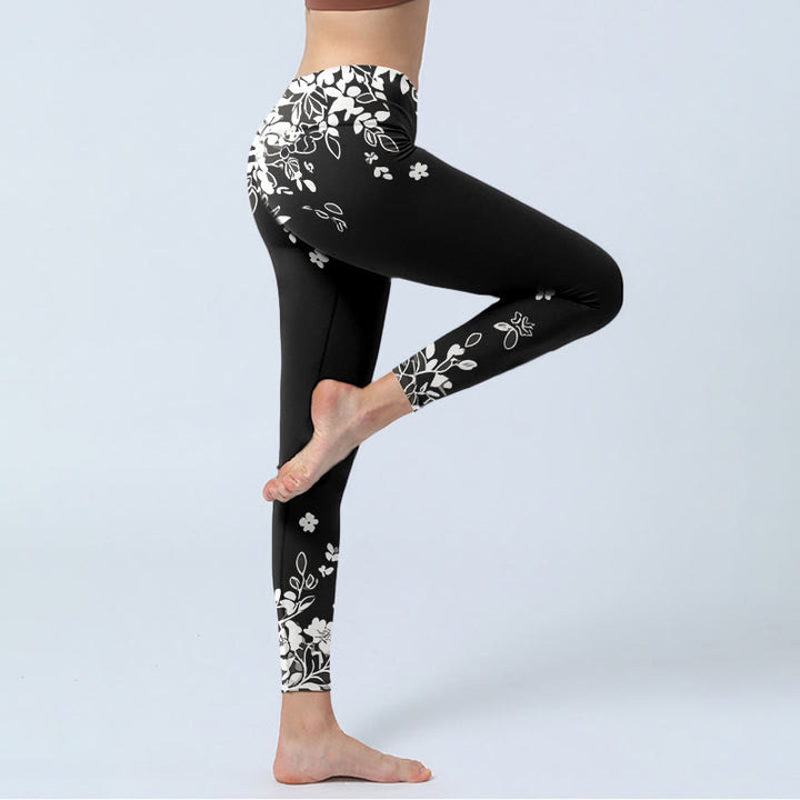 Buddha Stones Leggings de yoga para mujer con estampado floral en contraste en blanco y negro - image 3