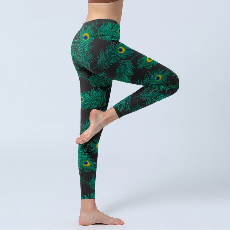 Buddha Stones Leggings de gimnasio con estampado de plumas de pavo real retro para mujer - image 3