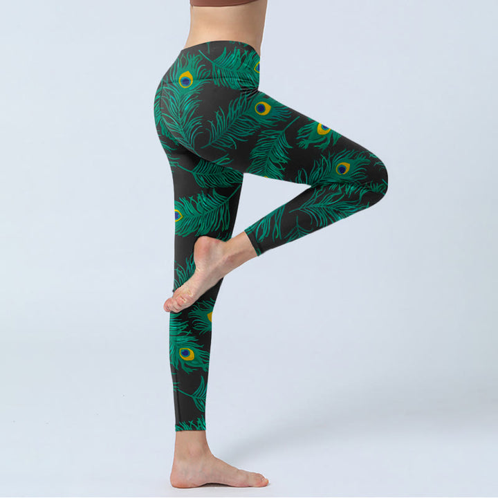 Buddha Stones Leggings de gimnasio con estampado de plumas de pavo real retro para mujer - image 3