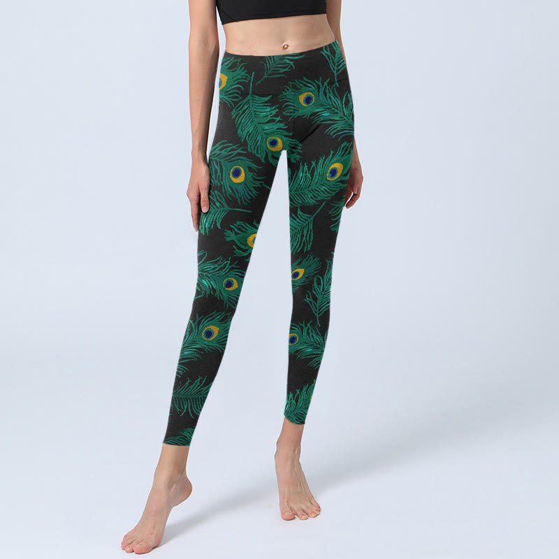 Buddha Stones Leggings de gimnasio con estampado de plumas de pavo real retro para mujer - image 5
