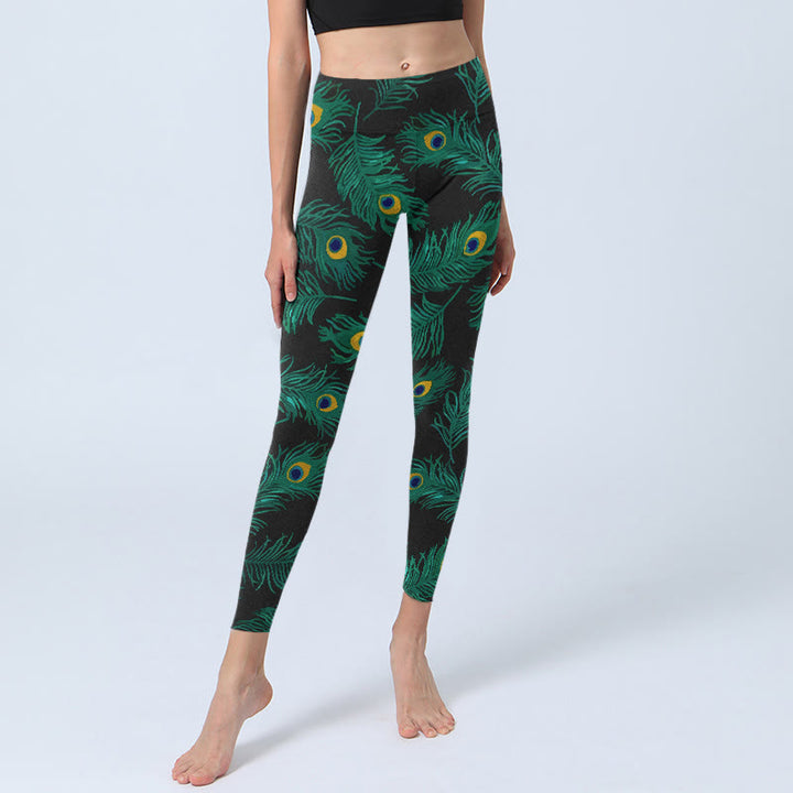 Buddha Stones Leggings de gimnasio con estampado de plumas de pavo real retro para mujer - image 5