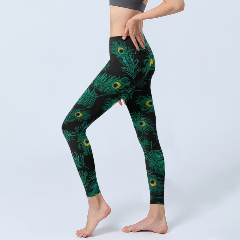 Buddha Stones Leggings de gimnasio con estampado de plumas de pavo real retro para mujer - image 2
