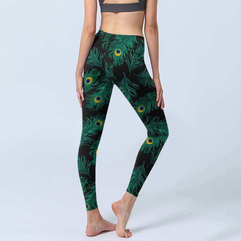 Buddha Stones Leggings de gimnasio con estampado de plumas de pavo real retro para mujer - image 4