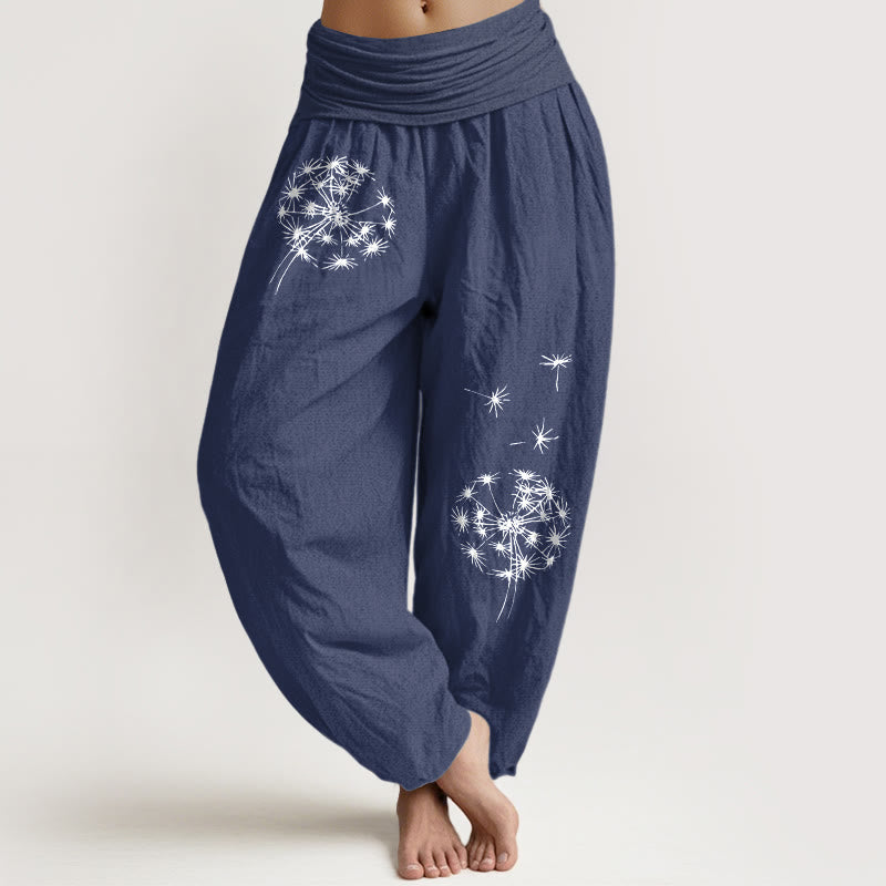 Buddha Stones Pantalones harén de algodón puro con estampado de diente de león para mujer, cintura elástica - Azul pizarra oscuro - US16，UK/AU20，EU48 (3XL) - image 8