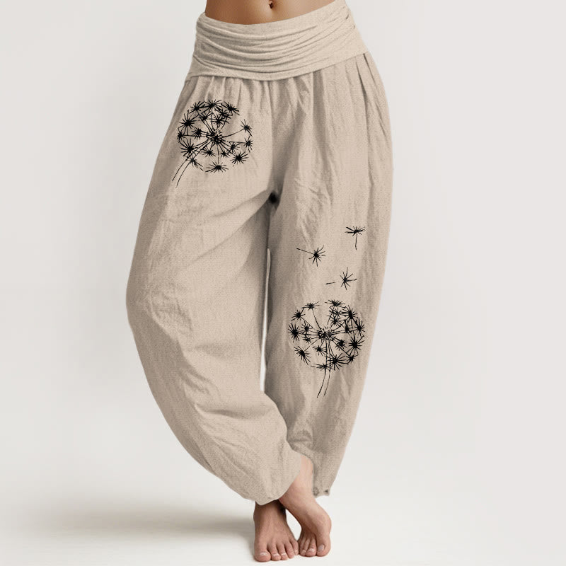 Buddha Stones Pantalones harén de algodón puro con estampado de diente de león para mujer, cintura elástica - Broncearse - US16，UK/AU20，EU48 (3XL) - image 11