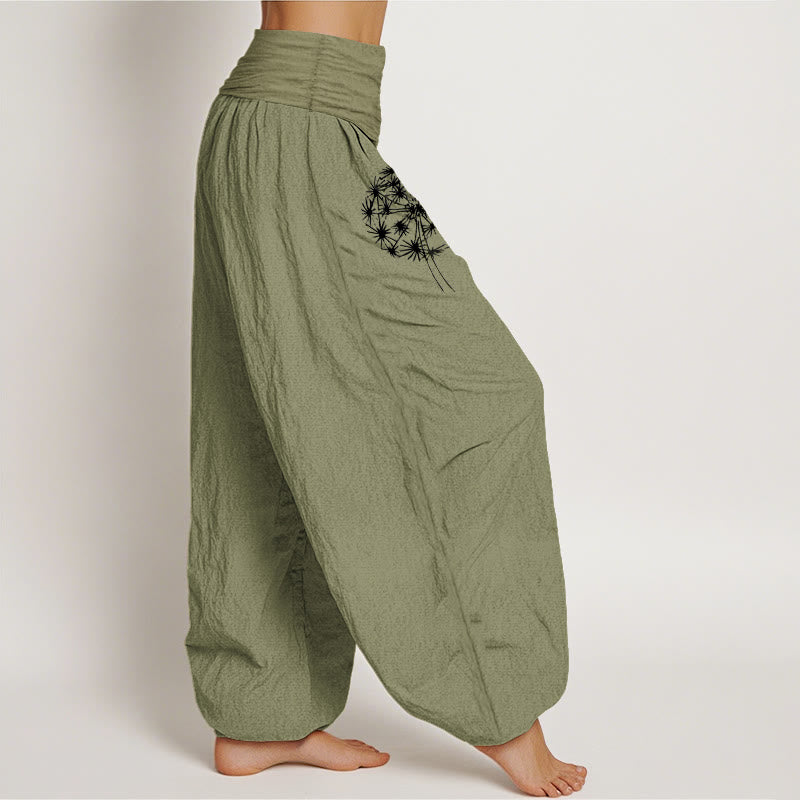 Buddha Stones Pantalones harén de algodón puro con estampado de diente de león para mujer, cintura elástica - image 16