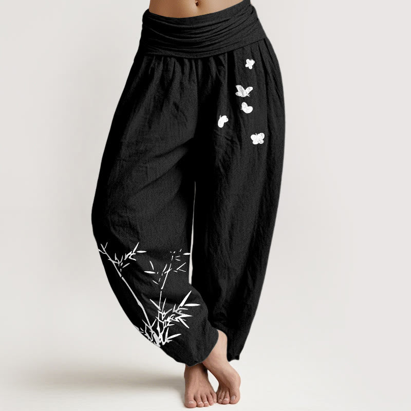 Buddha Stones Pantalones harén de algodón puro con estampado de mariposas de bambú para mujer, cintura elástica - Negro - US16，UK/AU20，EU48 (3XL) - image 0