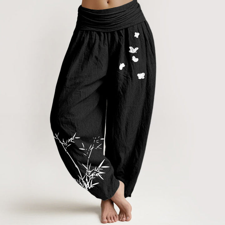 Buddha Stones Pantalones harén de algodón puro con estampado de mariposas de bambú para mujer, cintura elástica - Negro - US16，UK/AU20，EU48 (3XL) - image 0