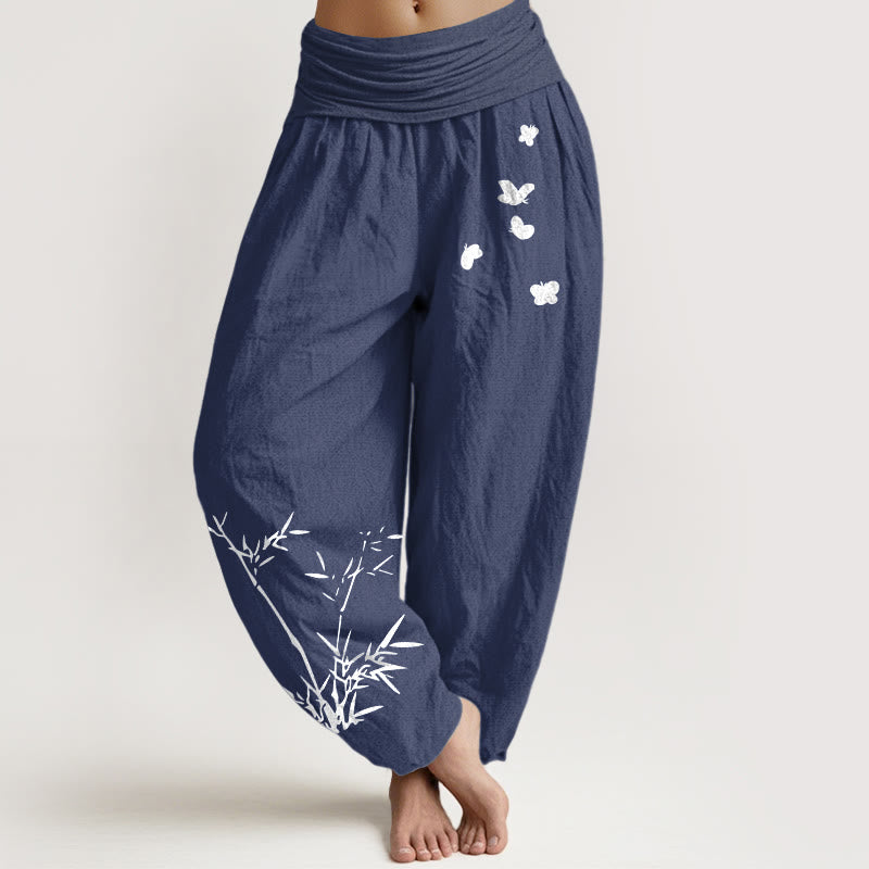 Buddha Stones Pantalones harén de algodón puro con estampado de mariposas de bambú para mujer, cintura elástica - Azul pizarra oscuro - US16，UK/AU20，EU48 (3XL) - image 5