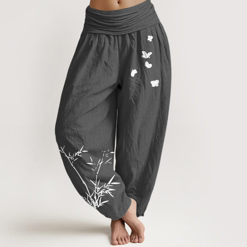 Buddha Stones Pantalones harén de algodón puro con estampado de mariposas de bambú para mujer, cintura elástica - Gris oscuro - US16，UK/AU20，EU48 (3XL) - image 8