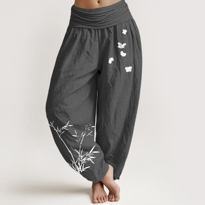 Buddha Stones Pantalones harén de algodón puro con estampado de mariposas de bambú para mujer, cintura elástica - Gris oscuro - US16，UK/AU20，EU48 (3XL) - image 8