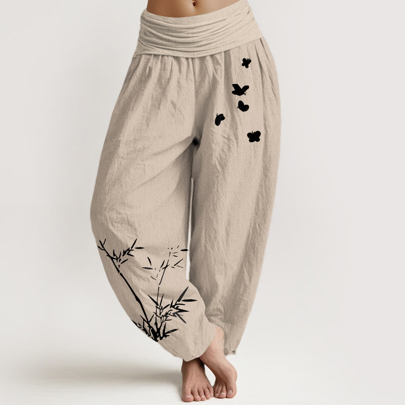 Buddha Stones Pantalones harén de algodón puro con estampado de mariposas de bambú para mujer, cintura elástica - Broncearse - US16，UK/AU20，EU48 (3XL) - image 11