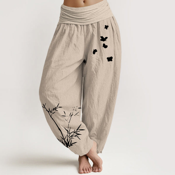 Buddha Stones Pantalones harén de algodón puro con estampado de mariposas de bambú para mujer, cintura elástica - Broncearse - US16，UK/AU20，EU48 (3XL) - image 11