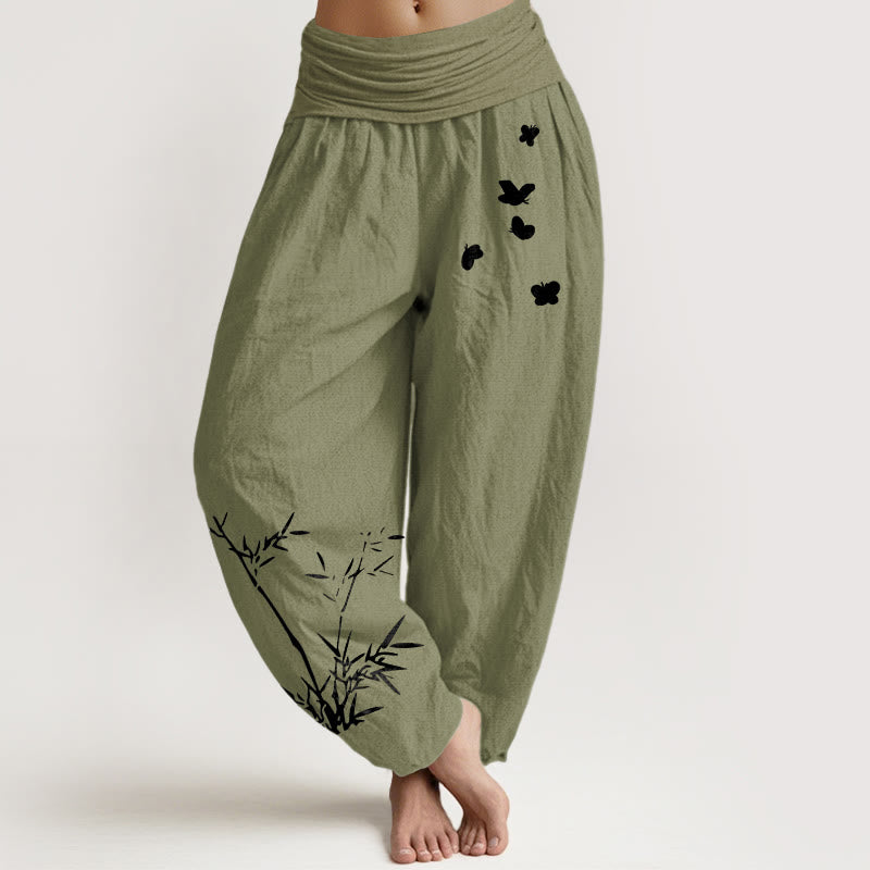 Buddha Stones Pantalones harén de algodón puro con estampado de mariposas de bambú para mujer, cintura elástica - Verde oliva - US16，UK/AU20，EU48 (3XL) - image 14