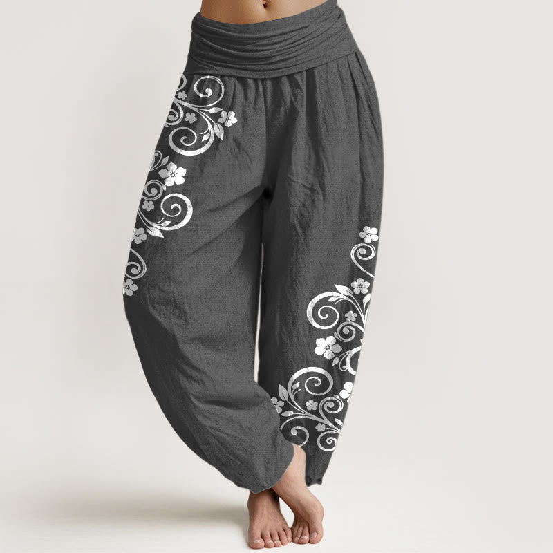 Buddha Stones Pantalones harén de algodón puro con cintura elástica y estampado floral para mujer - Gris oscuro - US16，UK/AU20，EU48 (3XL) - image 8