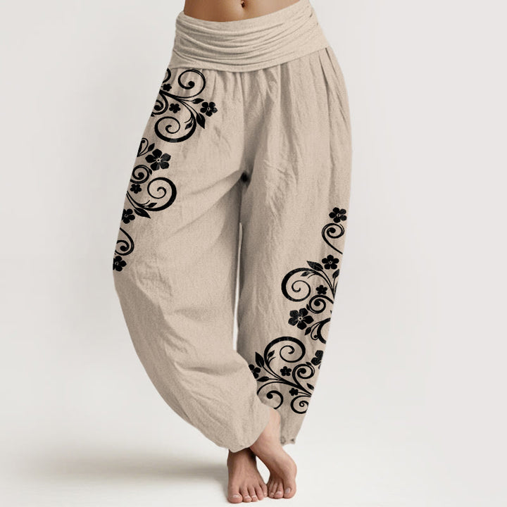 Buddha Stones Pantalones harén de algodón puro con cintura elástica y estampado floral para mujer - Broncearse - US16，UK/AU20，EU48 (3XL) - image 11