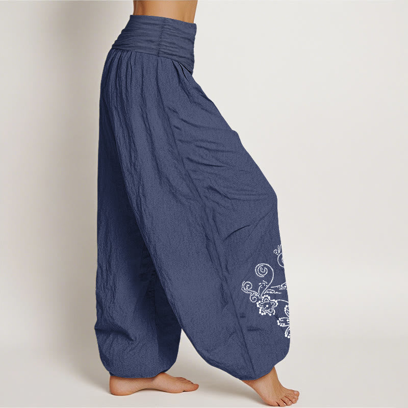 Buddha Stones Pantalones harén de algodón puro con estampado de flores de vid y cintura elástica para mujer - image 2