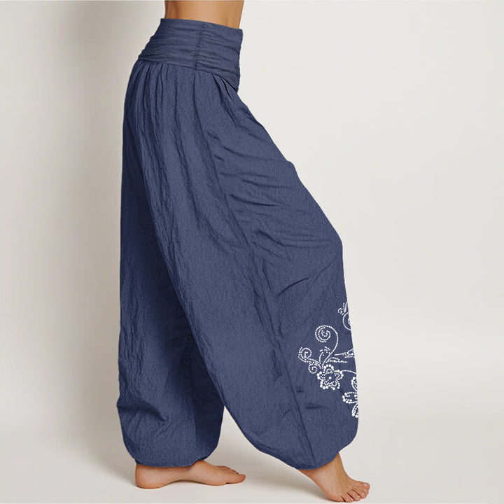 Buddha Stones Pantalones harén de algodón puro con estampado de flores de vid y cintura elástica para mujer - image 2