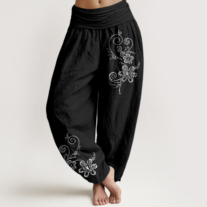 Buddha Stones Pantalones harén de algodón puro con estampado de flores de vid y cintura elástica para mujer - Negro - US16，UK/AU20，EU48 (3XL) - image 5