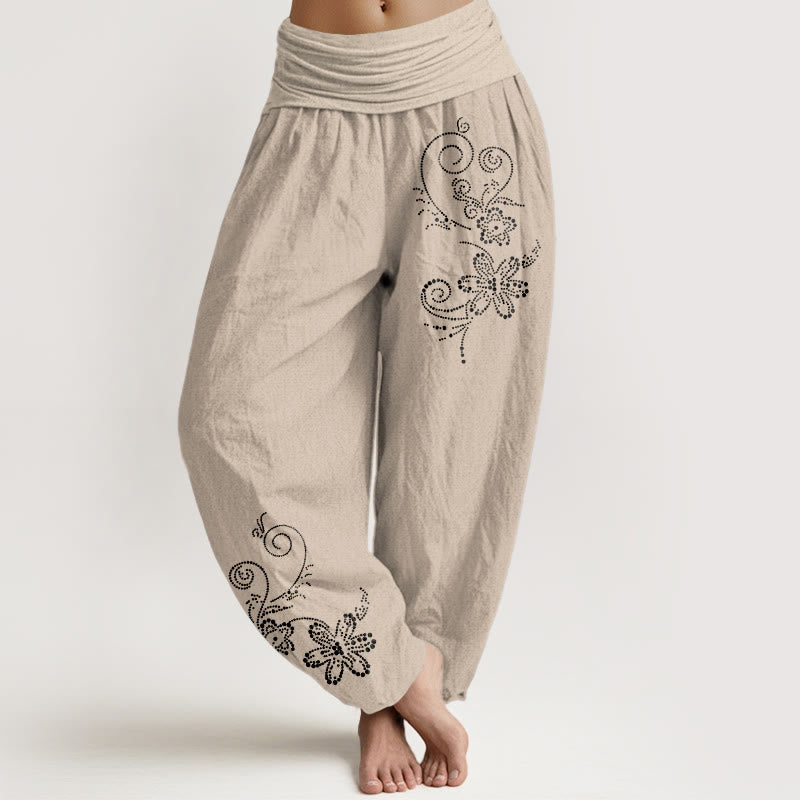 Buddha Stones Pantalones harén de algodón puro con estampado de flores de vid y cintura elástica para mujer - Broncearse - US16，UK/AU20，EU48 (3XL) - image 11